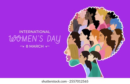 Creative illustration of diverse women forming a silhouette of a face on a purple background with "International Women’s Day, March 8" text, symbolizing unity and empowerment.