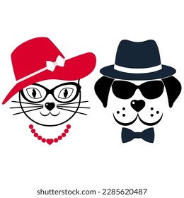 Creative illustration of a dog and a cat in a hat and glasses on a white background