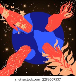 Kreative Illustration mit Erde und Naturelementen, die der Hauptbestandteil des magischen Universums sind - Erde, Luft, Wasser und Feuer. Abstrakte Illustration mit den Grundprinzipien der
