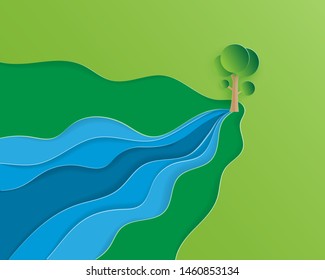 Creative illustration ecology and environment conservation concept in paper cut style. Water flows out of the tree. Depicts the forest is the origin of the river. Save water save the world poster.