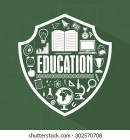 Creative illustration of educational elements or objects with text Education on shield.