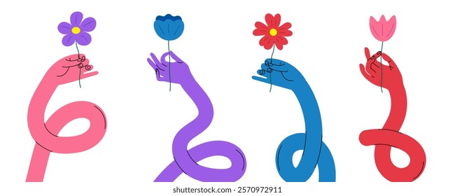 Creative illustration of elegant hands holding simple flowers. Playful and dynamic art perfect for modern design projects, greeting cards, or decor highlighting growth and beauty.