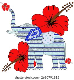 Kreative Illustration eines Elefanten dekorativ mit geometrischen Mustern, kombiniert mit hellroten Hibiskusblumen. Einzigartiges und künstlerisches Design. Geeignet für Textildrucke, Wandbilder, Karten usw.