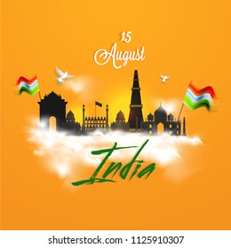 Creative illustration of famous monuments of India such as India Gate, Taj Mahal, Red Fort on saffron color background with abstract pattern cloud.