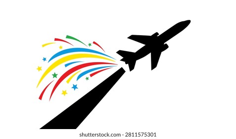 A creative illustration featuring a black silhouette of an airplane ascending with a vibrant multicolored trail of firework patterns and star shapes isolated on white