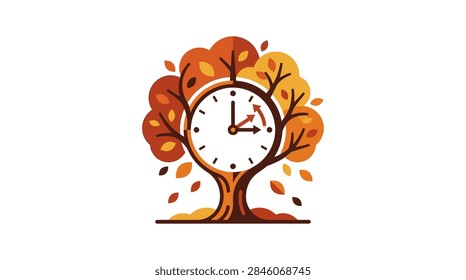 A creative illustration featuring a clock face integrated into an autumn tree with falling leaves symbolizing daylight saving time change
