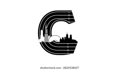 A creative illustration featuring the letter C formed by an athletic running track integrated with the iconic Chicago skyline silhouette against a plain white background