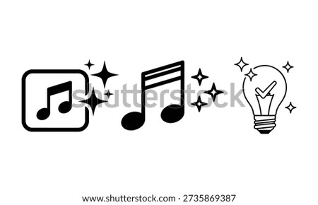 A creative illustration featuring musical notes, a light bulb, and sparkles on a white background