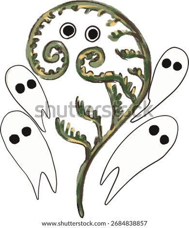 A creative illustration featuring a swirling, textured green fiddlehead fern or young frond with two ghostly eyes drawn into the curl, making it look like a creature. Four simple white ghost outlines 