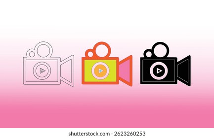A creative illustration featuring three vintage-styled video camera icons in distinct vibrant colors over a pink gradient backdrop. Perfect for media, technology, and video-related creative concepts o