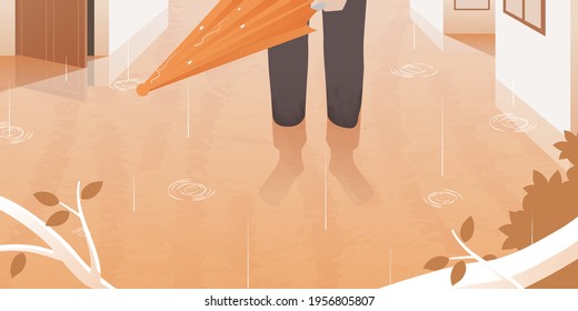 Creative illustration of flooding in residential areas. a man holding an umbrella during the flood and light rain. Calm, Mood, Sad. Hand Draw Vector