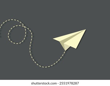 Creative illustration of a flying paper plane tracing a playful, meandering dotted path in the sky.