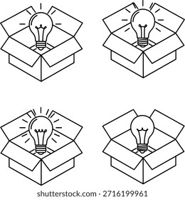 A creative illustration of four light bulbs shining brightly from open cardboard boxes, symbolizing innovative ideas and out-of-the-box thinking in a simple yet effective visual representation.