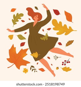 Creative illustration of funky carefree girl dancing under fallen colourful leaves. Woman dances in a dress with falling leaves. Autumn vibes. Vector template for card, poster, flyer and other users.