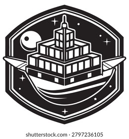 Creative illustration of futuristic building with spaceship landing pad and starry sky elements in geometric frame design