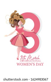 Creative illustration of  girl face on colorful background for Happy Women's Day celebration.