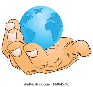 Creative illustration of a globe in his hand. Vector illustration.