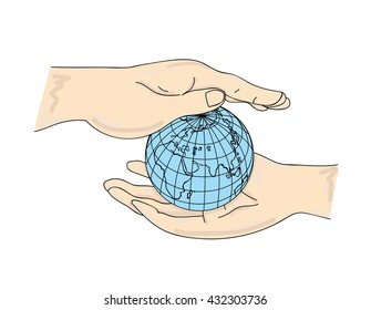 Creative illustration of a globe in his hand. Vector illustration.