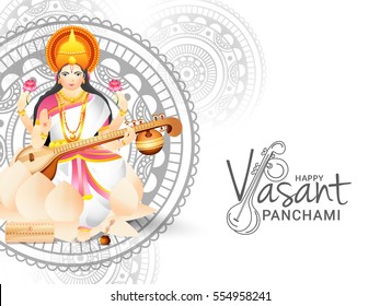 Creative illustration of Goddess Saraswati for Happy Vasant Panchami Celebration Background.