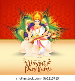 Creative illustration of Goddess Saraswati for Happy Vasant Panchami Celebration Background.