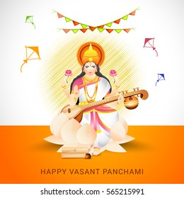 Creative illustration of Goddess Saraswati for Happy Vasant Panchami Celebration Background.