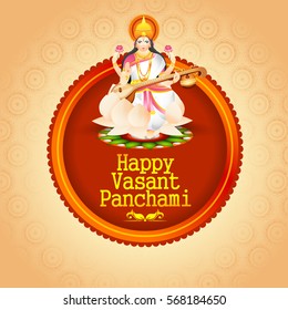 Creative illustration of Goddess Saraswati for Happy Vasant Panchami Celebration Background.