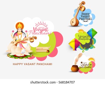 Creative illustration of Goddess Saraswati for Happy Vasant Panchami Celebration Background.