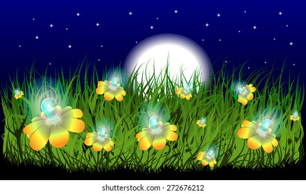 creative illustration of grass with flowers with the light bulb moon svetom.Kontseptsiya eco-friendly energy sources