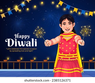 Ilustración creativa diseño de tarjeta de saludo del Festival Feliz Diwali, decoración de fondo de fuegos artificiales con Diya o lámpara. Concepto de promoción y publicidad de los festivales indios