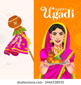 Creative illustration greeting card design of Happy Ugadi festival. Indian festival promotion and advertisement concept