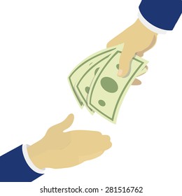 Creative illustration hand holding green banknotes, giving  to other hand.