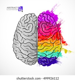 Creative illustration with hand-drawn brain. Colored brain to print.