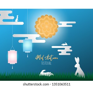 Creative illustration happy Chinese mid autumn festival.  Vector design for banner, wallpaper, poster, invitation card, advertising. Mooncake with lantern light and rabbits.