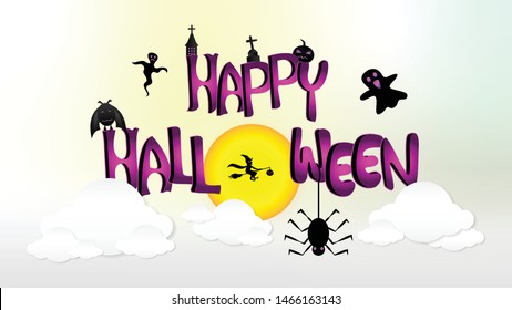 Creative illustration of Happy Halloween with haunted castle, yellow full moon, flying witch, bats, spider, tomb, cross sign, clouds, sky, ghosts, pumpkin background vecter.