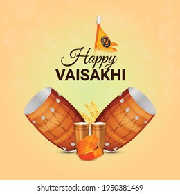 Creative illustration of happy vaisakhi with vector drum and background