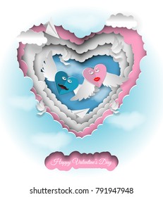 Creative illustration of a happy Valentines day. Two hearts with wings 3D abstract heart made of clouds. Paper art craft style