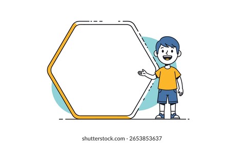 Creative illustration of a happy young boy presenting an empty hexagonal speech bubble with simple geometric shapes and a clean background for promotional content