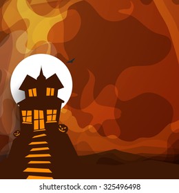 Creative illustration of a haunted house with jack o lantern on stylish background for Halloween Party celebration.