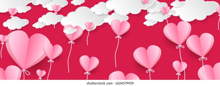 Creative illustration Heart balloons with clouds postcard. Paper flying elements on pink background. Vector symbols of love in shape of heart for season greeting card design.