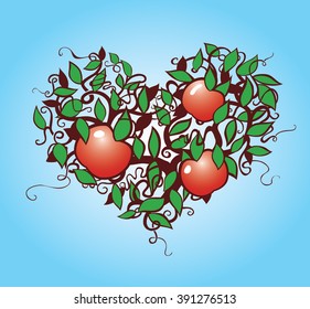 Creative illustration of a heart shaped apple tree. Three red ripe apples on a blue background.