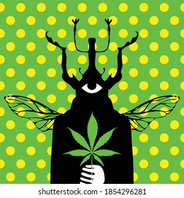 Ilustración creativa con una hoja de cáñamo en manos de una misteriosa criatura alada con la cabeza de escarabajo y un ojo sobre un fondo verde con puntos de polka amarillos. Banner decorativo vectorial sobre el tema del cannabis