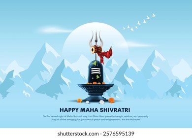 Creative illustration of Hindu Religion Happy Maha Shivratri Festival. shiva lingam and trishul (trident) background with snow mountains. vector illustration.