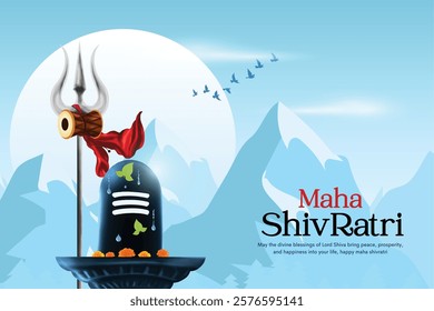 Creative illustration of Hindu Religion Happy Maha Shivratri Festival. shiva lingam and trishul (trident) background with snow mountains. vector illustration.