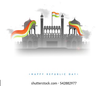 Creative illustration of Historical Monument Red Fort with wavy National Flag for Indian Republic Day celebration.