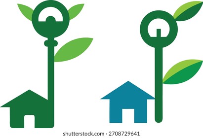 Una ilustración creativa de una llave de casa que crece en un tallo de planta verde, que simboliza hogares ecológicos, vida sostenible y la fusión de la naturaleza con la arquitectura.