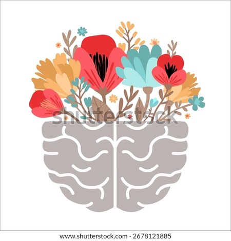 Creative illustration of a human brain with blooming flowers, symbolizing mental health, psychology, growth, and positive thinking.