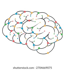 A creative illustration of a human brain with colored dots representing connections and network. Perfect for concepts like neurology, medical research, artificial intelligence and innovation