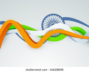 Creative Illustration for Independence Day or Republic Day with Indian tricolors wave and ashoka wheel.