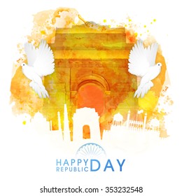 Creative illustration of India Gate made by colour splash with flying pigeons and other monuments for Indian Republic Day celebration.