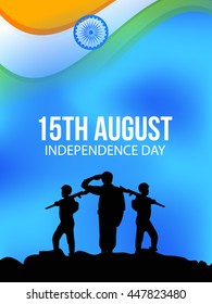 Creative illustration indian Flag wave background with saluting soldiers for Independence Day.